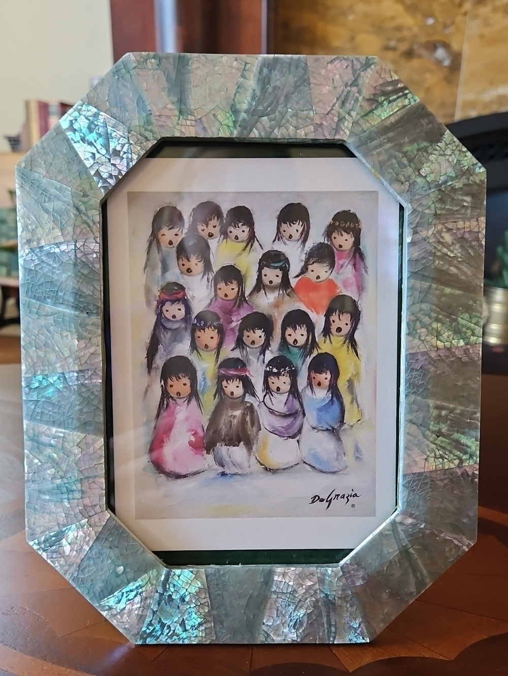 VTG MCM Abalone Mother of Pearl Mosaic Octagon Picture Frame Green Velvet Back